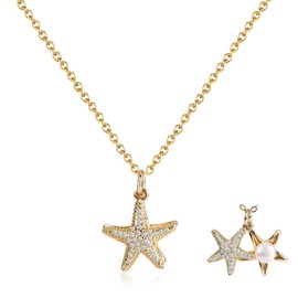 Starfish Necklace for Women - Gold Plated Double Starfish Pendant with a Pearl, Beach Jewelry Summer Necklace for Vacation