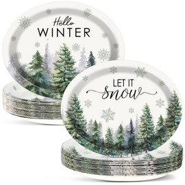 Christmas Oval Plates Winter Pine Tree Snowflake Large Tableware Watercolor Forest Pine Tree 10"x12" Disposable Dinnerware Christmas Dessert Plate for Christmas Party Winter Holiday Supplies 50PCS