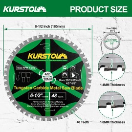 KURSTOL Metal Circular Saw Blade - 6-1/2" TCT Cutting Blade 48T Tungsten Carbide Tipped Blade Arbor 20mm with 15.87mm Washer for Steel, Stainless Steel, Nickel, Titanium, Ferrous Metals, Steel Pipe