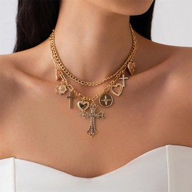 Delicate Cross Chunky Pendant Necklace for Women Statement Geometry Disc Heart Layered Choker Necklaces Rhinestone Cross Dangle Charm Link Chains Adjustable Jewelry