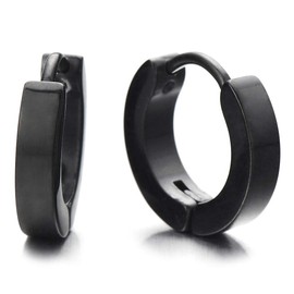 Pair Plain Black Huggie Hinged Hoop Earrings Unisex Mens Womens