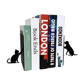 Dog Bookends, Cat Book Ends Metal Bookshelf Organizer, Heavy Duty Decorative and Book Holder, 4.9×3.2×6.9 in (Black)