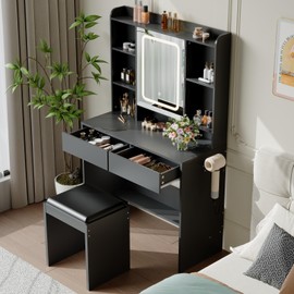 GarveeHome Vanity Desk with Mirror and Lights, for Bedroom,Adjustable 3 Color Lights Modes，Includes Padded Stool, Makeup Table Set with Hidden Storage Shelves, USB Outlets, Hairdryer Holder