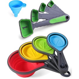 Juego de tazas y cucharas medidoras plegables, herramienta de medición de 8 piezas grabadas métricas y marcas estadounidenses para medición de líquidos y secos, ahorro de espacio, silicona