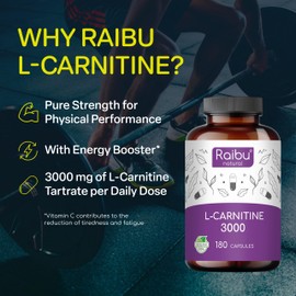 RAIBU L-Carnitine 3000-180 High-Strength Capsules with Vitamin C - L-Carnitine Tartrate 3000mg per Daily Dose - Energy & Metabolism Support - Vegan, Natural & Laboratory Tested - Raibu