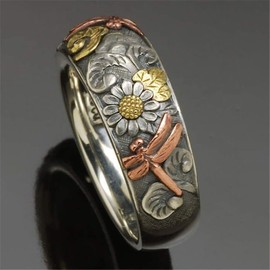 LRGKMCWTOB Vintage Boho Sunflower Rings - Engagement Party Ring - Jewelry - Silver and Rose Gold - Carved Dragonfly - Unique Metal Enamel - Women's Size 10