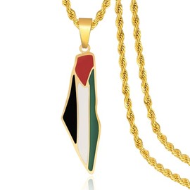 Palestine Map Pendant Necklace, Stainless Steel Chain, Multicolor，Peace Pendant (Gold-1.5in)