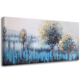 Arjun Tree Wall Art Canvas Teal Landscape Painting Blue Forest Textured Picture Modern Panoramic Abstract Nature Artwork Large Size Framed for Living Room Bedroom Bathroom Home Office Decor 48"x24"