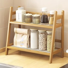 Kitchen Organiser 2 Tiers, Spice Rack, Standing, Bamboo Imitation Rattan Weaving, Decorative Kitchen Shelf, Tea Organiser, Cup Holder, Cup Display for Kitchen, Bedroom and Office (39 x 29 x 18