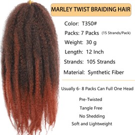 105 Strands Marley Twist Braiding Hair 12 Inch Marley Twist Hair Long T350 Marley Hair for Faux Locs 7 Packs Afro Twist Hair Extensions (T350#, 12INCH(pack of 7))