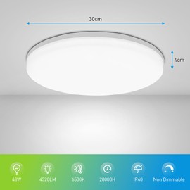 Yafido Ceiling Light Ultra Slim 48W 4320LM LED Panel Light Quick Installation Ceiling Downlight Daylight White 6500K UFO Lamp for Living Room Bedroom Kitchen Hallway Balcony Ø30cm Not-dimmable
