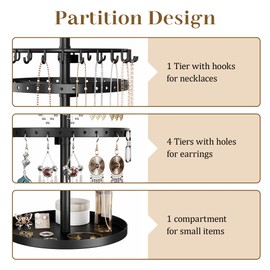 jockcaras Rotating Earring Holder Organizer Stand - Adjustable Metal Earring Display Stand Rack, 144 Holes Earring Tree Organizer, 25 Hooks Necklace Display for Women, Girls, Vendors