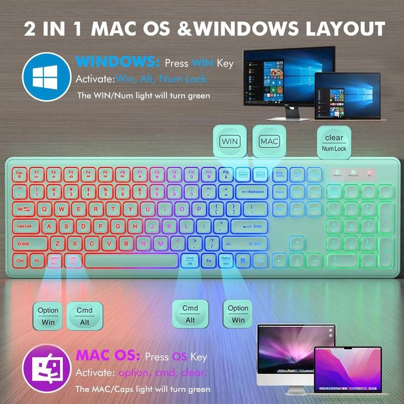 Wireless Keyboard & Mouse Combo, RGB Backlit USB Rechargeable Ergonomic