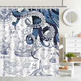 Mocsicka Nautical Octopus Shower Curtain Nautical Sailboat Octopus Bathroom Shower Curtain Nautical Coastal Waterproof Fabric Shower Curtain Bathtub Decor with 12 Hooks 72 X 72 Inch