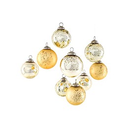 Serene Spaces Living Set of 9 Assorted Gold Glass Ball Ornaments for Christmas Tree, Holiday Decorations, Winter Wedding, Table Centerpiece, Window Box, Measures 3" Diameter