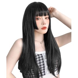 knnzk Long Black Hair Full Wig, Princess Cut, Straight Lolita, Cosplay Wig, Small Face, Natural, Heat Resistant, Harajuku Style, Net Included