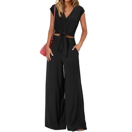 dowerme Women's Two Piece Outfits 2025 Summer Tie Waist V Neck Crop Top Wide Leg Pant Sets Casual Tracksuit Lounge Wear(Black,Small)