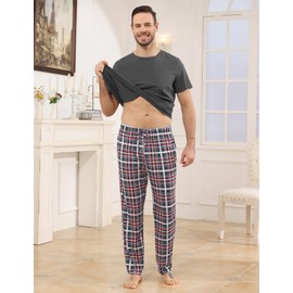 TeJoyce Mens Pyjamas Set Cotton Short Sleeve and Plaid Long Pants 2 Piece PJ Set Soft Comfy Loungewear Nightwear Set with Pockets Dark Gray