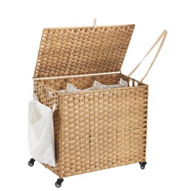 Laundry Hamper with Wheels, 52.8 Gallon(200L) Rolling Laundry Basket with Lid, 3-Section Rattan Clothes Hamper with 3 Removable Liner & 3 Mesh Bags, Laundry Sorter with Side Pocket, Natural