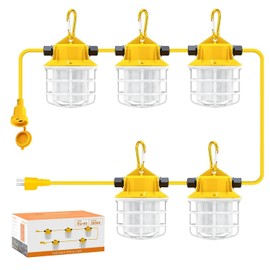 RIUVAO 50FT Led String Work Light 75W 7500LM Waterproof Construction String Lights Linkable Temporary Work Lighting Outdoor Indoor Worklight (5 Light)