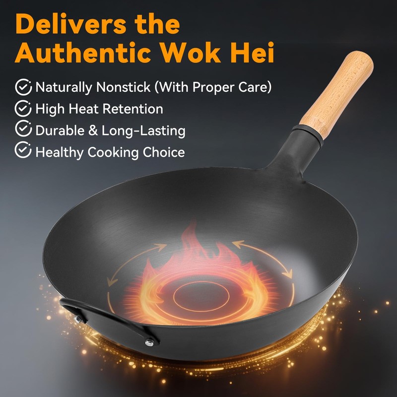 WANGYUANJI 13.4" Round-Bottom Iron Wok, Deep Chinese Stir-Fry Pan (Seasoning