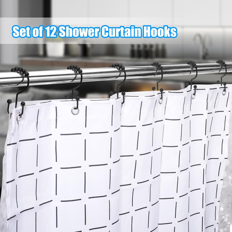 Shower Curtain Hooks,Double Sided Black Shower Curtain Hooks Rust Proof,Set