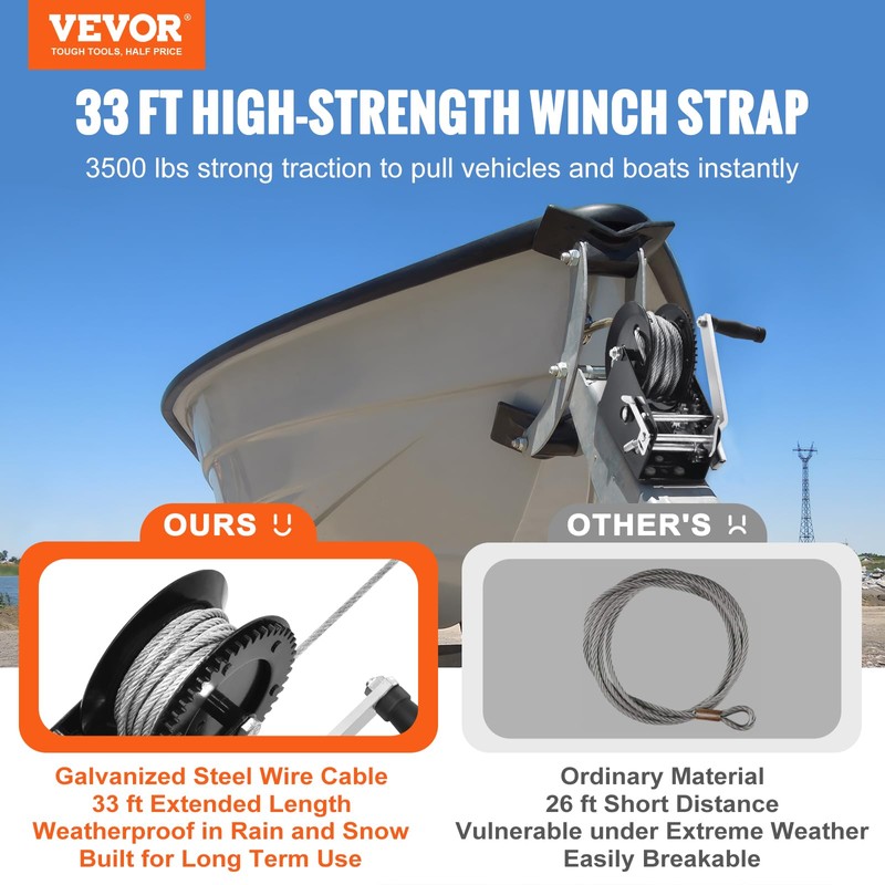 VEVOR Hand Crank Winch, 3500 lbs Steel Cable, Boat Trailer