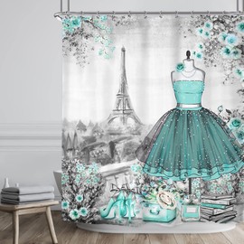 Riyidecor Fashion Girly Dresses Shower Curtain 60Wx72H Inch Teal Blue Turquoise Floral Girl Women Eiffel Tower Perfume High Heels Bathroom Decor Set Fabric Polyester Waterproof 12 Pack Plastic Hooks