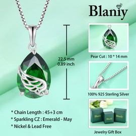 Blaniy Angel Wing Necklace 925 Sterling Silver Teardrop Emerald Necklace May Birthstone Pendant Guardian Angel Wings Jewelry Gifts for Women