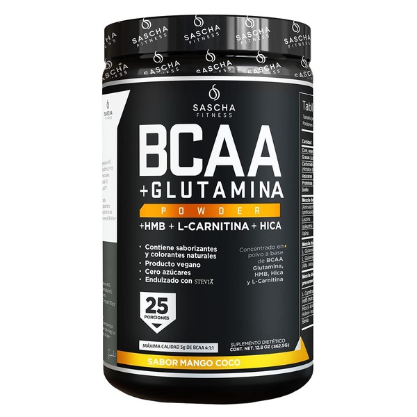 Sascha Fitness BCAA 4:1:1+Glutamine, HMB, L-Carnitine, HICA|Powerful and Instant Powder Blend with Branched Chain Amino Acids(BCAAs)for Pre, Intra and Post-Workout,Natural Mango Coconut Flavor,362.5g