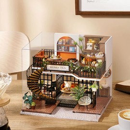 CUTEBEE Dollhouse Miniature with Furniture, DIY Wooden Dollhouse Kit Plus Dust Proof, Creative Room Idea(Forest Tea Shop)