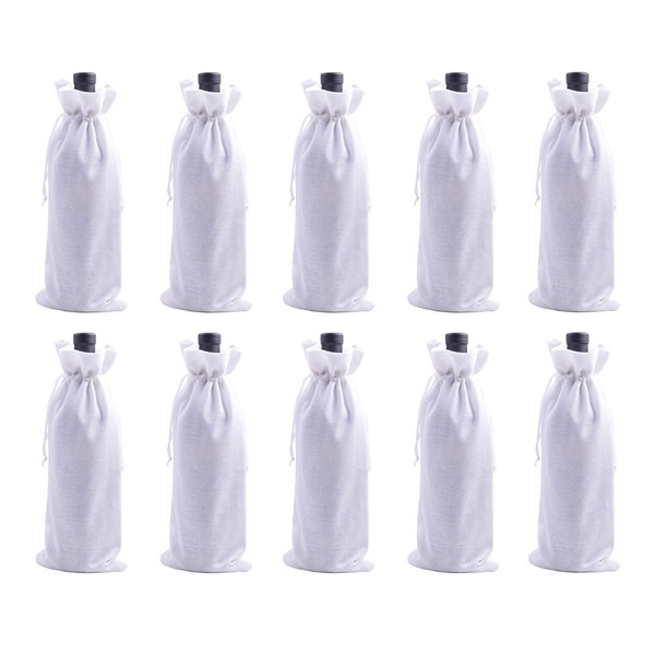 Viamto 10pcs White Burlap Wine Bags, 15.0cmx35.0cm/6.0''x14.0'' Drawstring and Lining Wine Bottle Burlap Bags, Hessian Gift Bags, Storage Pouches