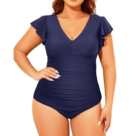 Yonique Trajes de baño de talla grande para mujer, traje de baño de una pieza con control de abdomen y volantes, Azul marino, 12 Plus