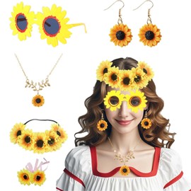 BDBFPAN Women's Sunflower Costume, Sunflower Costume with Flower Wreath, Earring, Flower Bracelets, Sunglasses, Sunflowers, Dangling, Sunflowers Headband for Fancy Dress Party, 60s 70s Costume