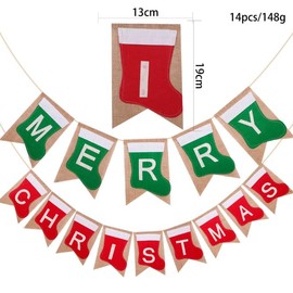 Dusenly Merry Christmas Burlap Banner Red Green Xmas Sock Shaped Christmas Banner Rustic Christmas Decorations for Mantle Fireplace Xmas Party Supplies