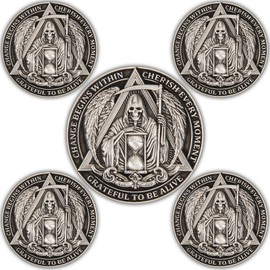 Memento Mori Challenge Coin 5-Pack – Grim Reaper and Serenity Prayer Design, Inspirational Sobriety Gift, Skull Collectible, Zinc Alloy with Clear Acrylic Case