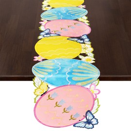 Grelucgo Embroidered Easter Eggs Table Runner, Spring Seasonal Dining Table Decoration (13x68 inches)