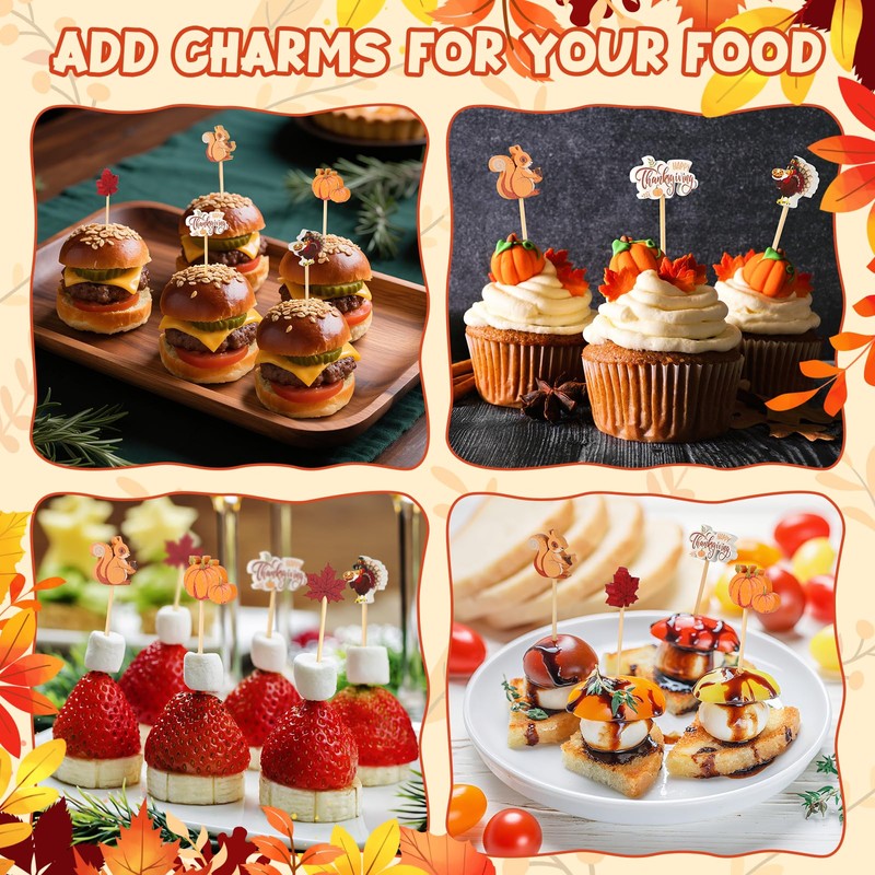 100 Fall Cocktail Picks, Thanksgiving Fancy Toothpicks for Appetizers Decor