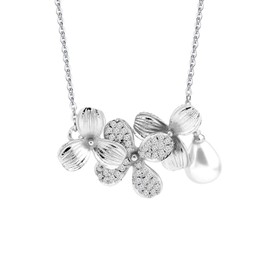 Orchid Flower Necklace with Teardrop Pearl Wedding Jewelry Bridesmaids Gifts (Silver)