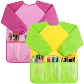 SOCOLER 2 Pack Kids Toddlers Art Smock, Waterproof Children Artist Aprons with Long Sleeve 3 Pockets for Age 2-6 Years (Green and Pink)