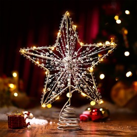 Toyvian Christmas Tree Topper Star- Star Tree Topper Lighted with LED Wire Christmas Tree Decorations Christmas Tree Ornament Xmas Party Decoration(12 Inch, Sliver)