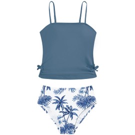 Queenstyle Traje De Baño para Niñas Adolescentes, Talla 12-14, Dos Piezas, Tankini Azul con Cordón Ajustable.