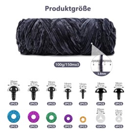 Mngevcy 3 x 150 m Chenille Wool for Crochet, Fluffy Wool, Soft Chenille Yarn with 14 Safety Eyes for Knitting, Dark Grey