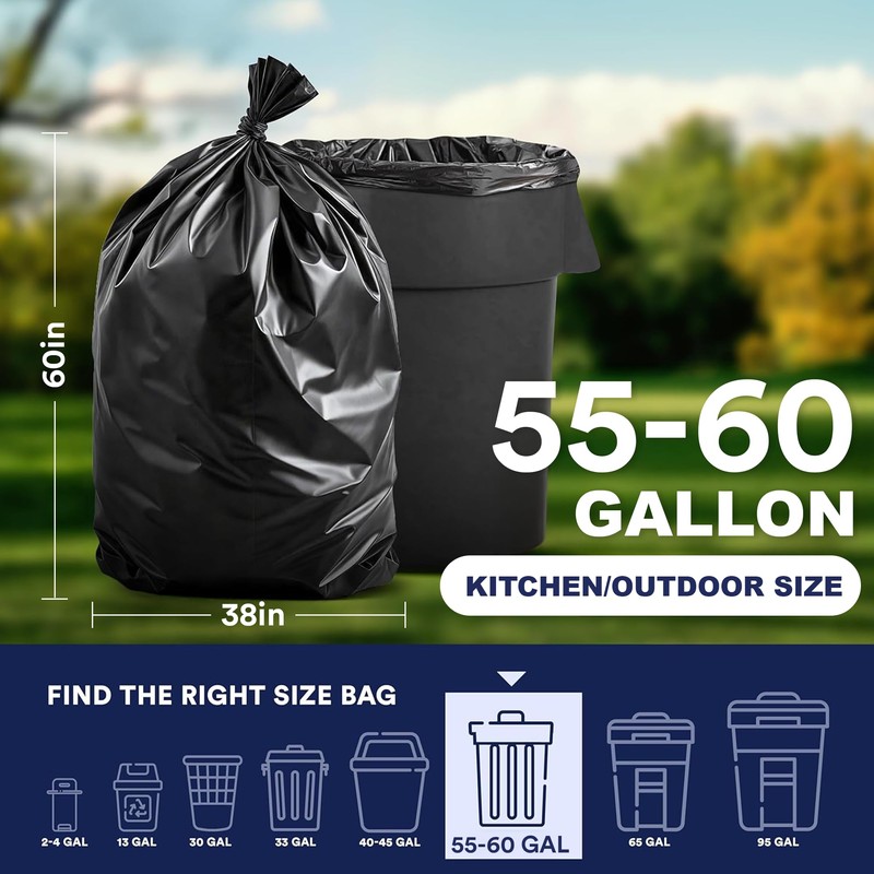Plasticplace 55-60 Gallon Trash Bags, Heavy Duty Black Garbage Bags,