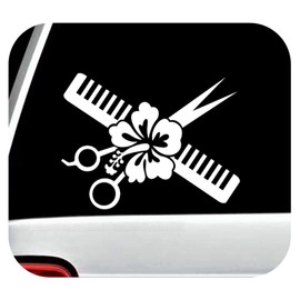 Hair Stylist Salon Scissors Comb Hibiscus Decal Sticker for Car Window
