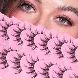Ahrikiss Manga Lashes Natural Look Wispy Anime False Eyelashes 8 Pairs Faux Mink Lashes with Clear Band Soft Lightweight Fake Eyelashes Look Like Individual Lashes (CB009)