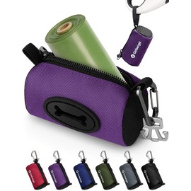 Gobeigo Dog Poop Bag Holder for Leash, Large Opening for Easy Pull Out, Doggy Poo Bag Dispenser with Used Waste Bag Carrier Suitable for Any Retractable Leash with 15 Unscented Bags (Purple)
