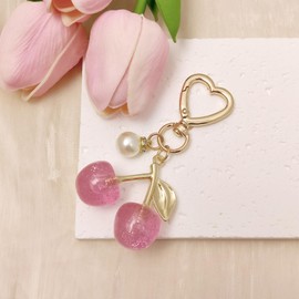 UDPP Cute Sparkling Cherry Keychain for Women, Cherry Keychain Bag Charm, Purse Charm & Car Keyring Accessory Fashion Gift (Pearl Pink)