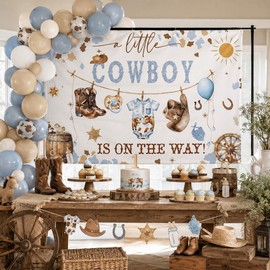 A Little Cowboy is on The Way Backdrop Banner Cowboy Baby Shower Backdrop Banner Baby Shower Decorations Supplies Blue Western Rodeo Decorations Party Supplies 5×3ft