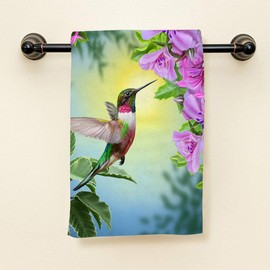 HGOD DESIGNS Hummingbird Hand Towels Small Bird Hummingbird On Pink Flowers and Green Leaves Soft Hand Towel for Bathroom Kitchen Yoga Gym Decorative Towels 15"X30"